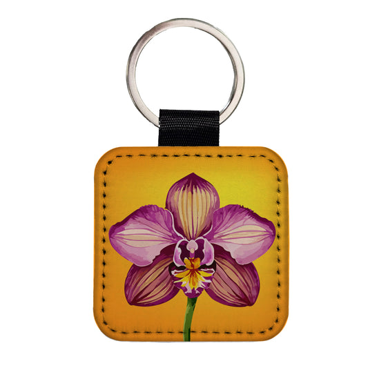 Orchid Flower Watercolor Square Faux Leather Keychain