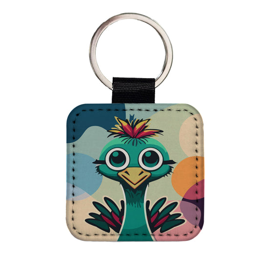 Ostrich Cute Head Square Faux Leather Keychain