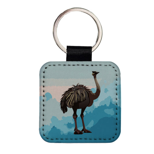 Ostrich Large Bird Standing Square Faux Leather Keychain