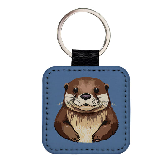 Otter Cute Staring Square Faux Leather Keychain