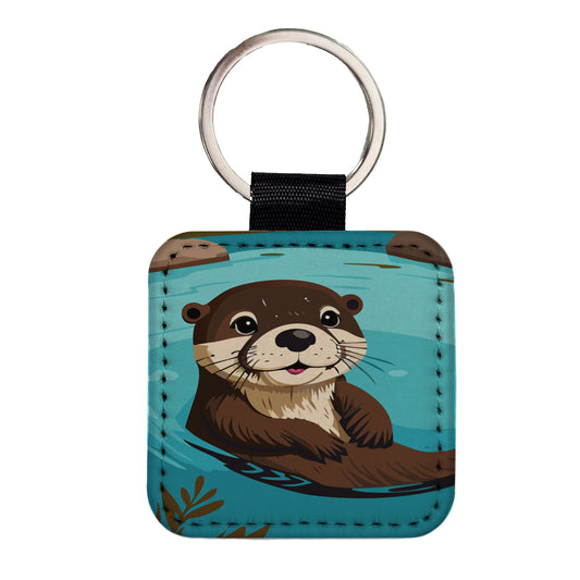 Otter Cute Swimming in Water Square Faux Leather Keychain