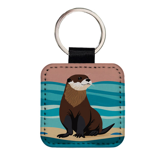 Otter on the Beach Ocean Sea Square Faux Leather Keychain