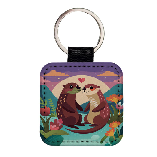 Otters in Love Anniversary Wedding Valentines Day Square Faux Leather Keychain
