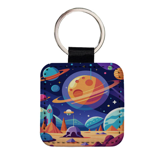 Outer Space Planets Square Faux Leather Keychain
