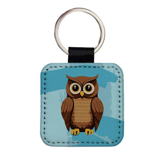 Owl Brown Square Faux Leather Keychain