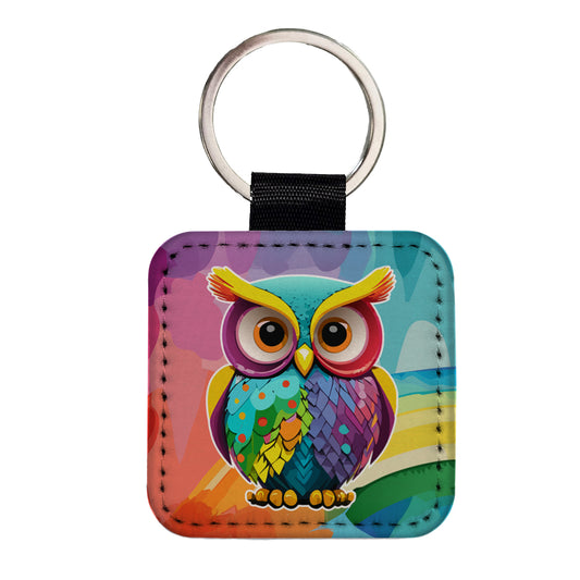 Owl Colorful Square Faux Leather Keychain