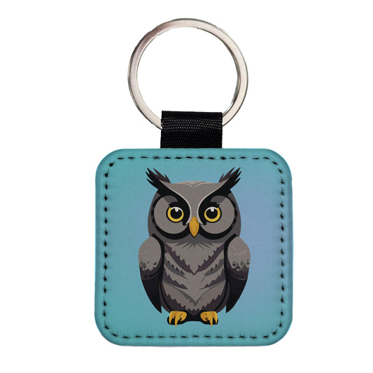 Owl Gray Staring Square Faux Leather Keychain