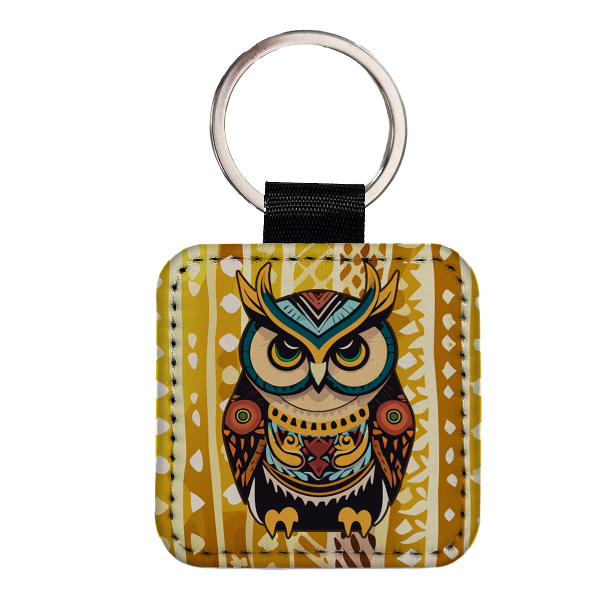Owl Tribal Colorful Bird Square Faux Leather Keychain