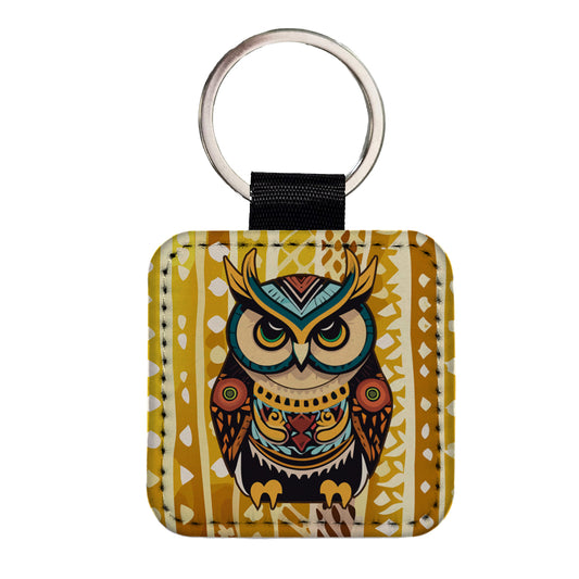 Owl Tribal Colorful Bird Square Faux Leather Keychain