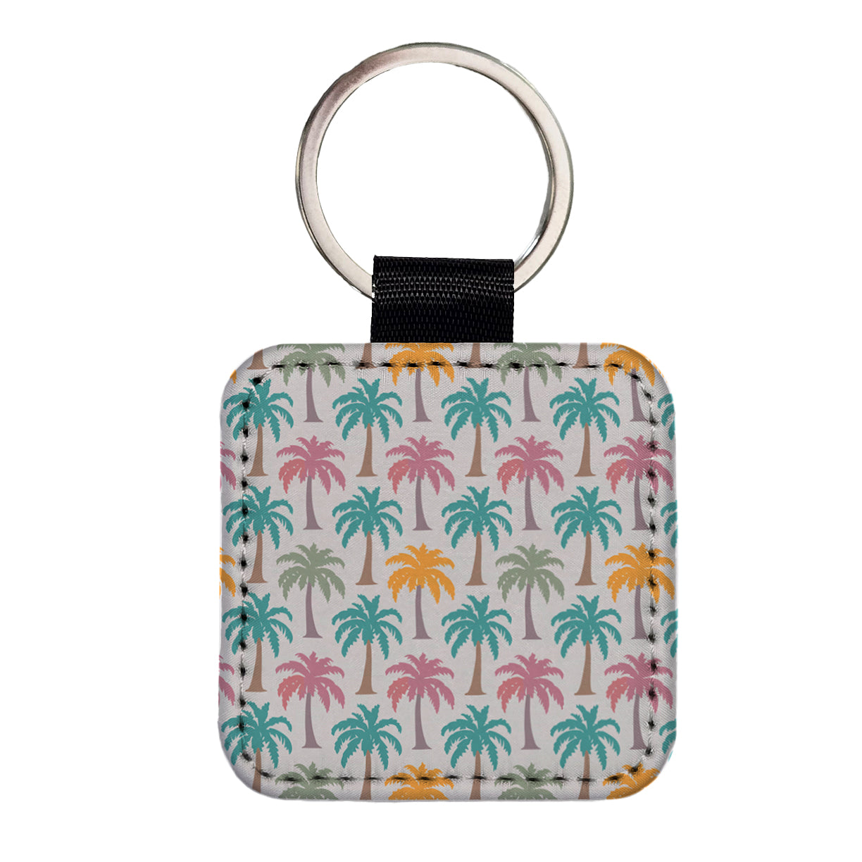 Palm Trees Tropical Pastel Pattern Square Faux Leather Keychain