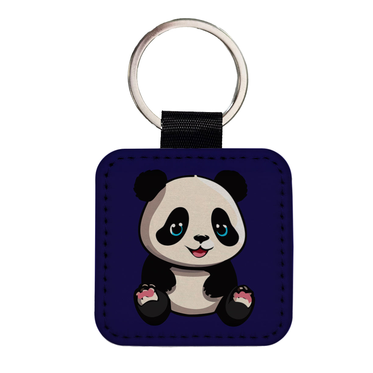 Panda Cute Smiling Square Faux Leather Keychain