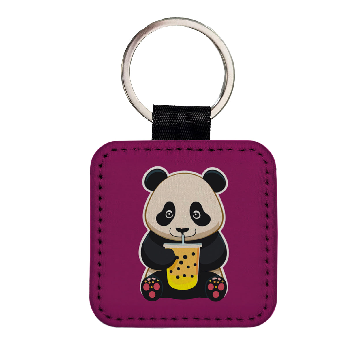 Panda Drinking Boba Bubble Tea Square Faux Leather Keychain
