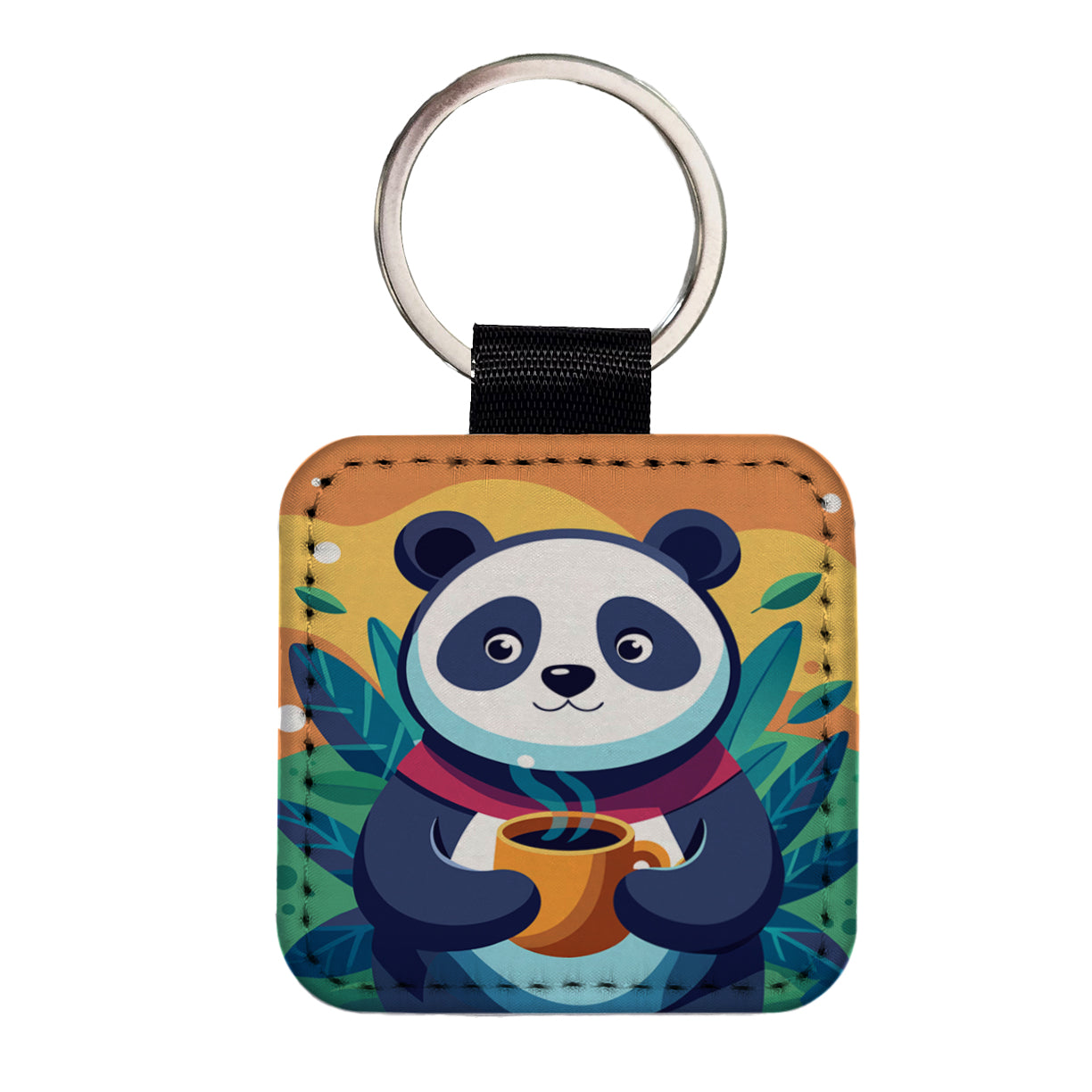 Panda Drinking Coffee Square Faux Leather Keychain