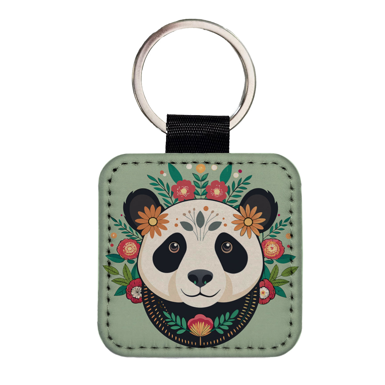 Panda Head Floral Flowers Square Faux Leather Keychain