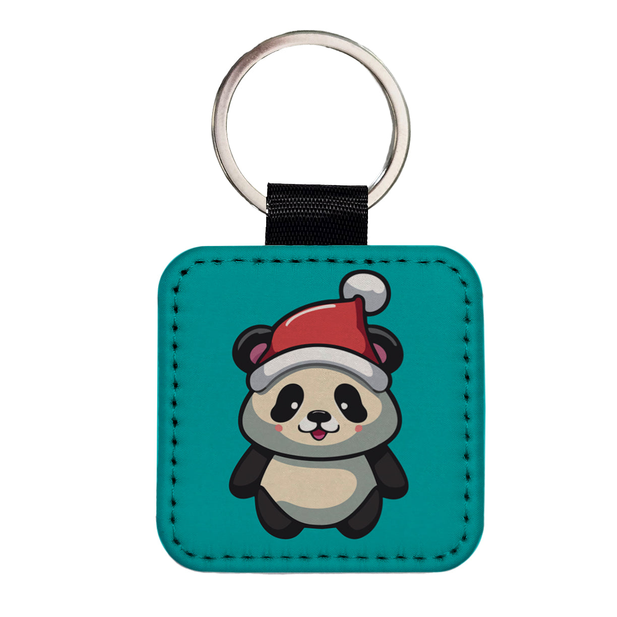Panda Wearing Santa Hat Christmas Square Faux Leather Keychain