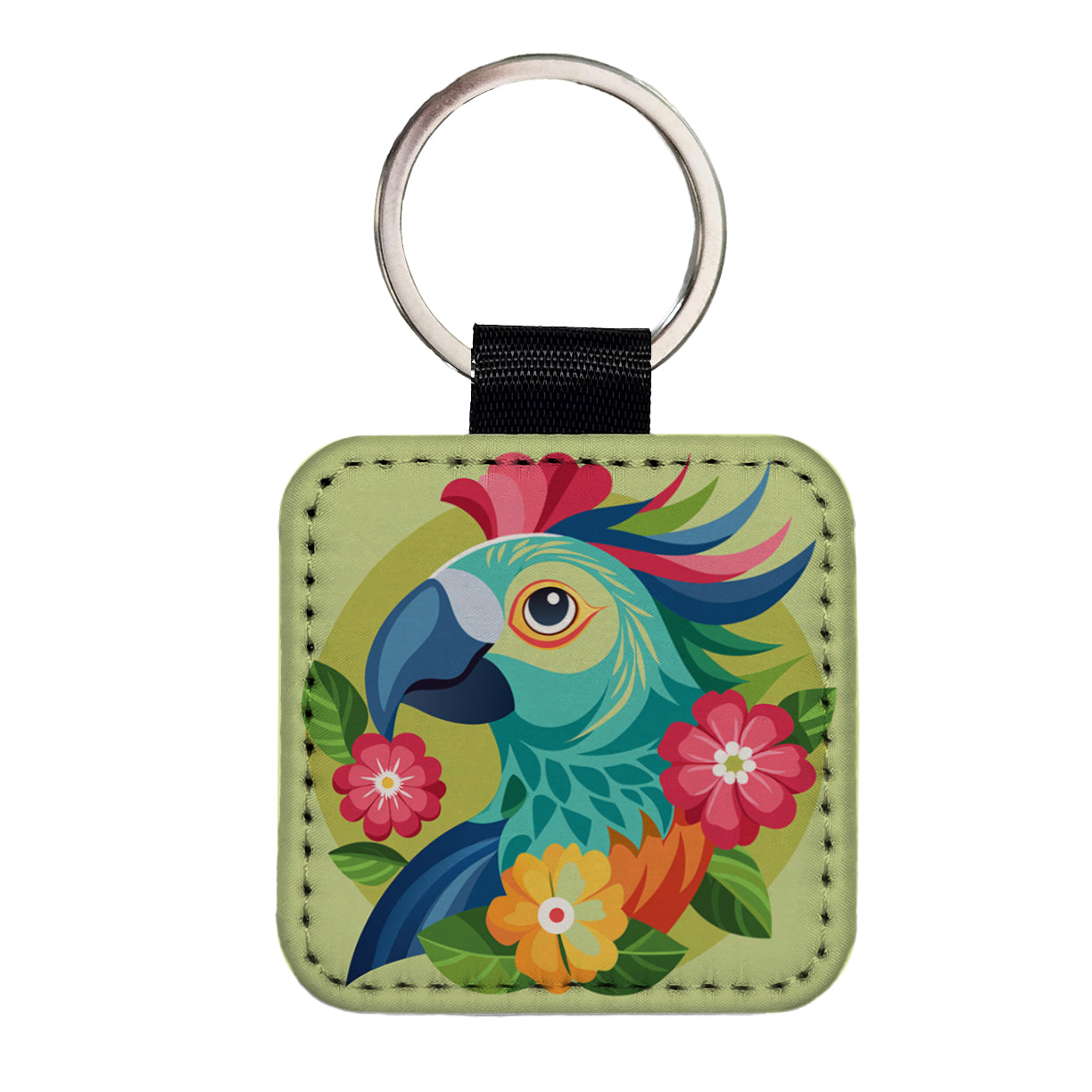 Parrot Bird Floral Flowers Square Faux Leather Keychain