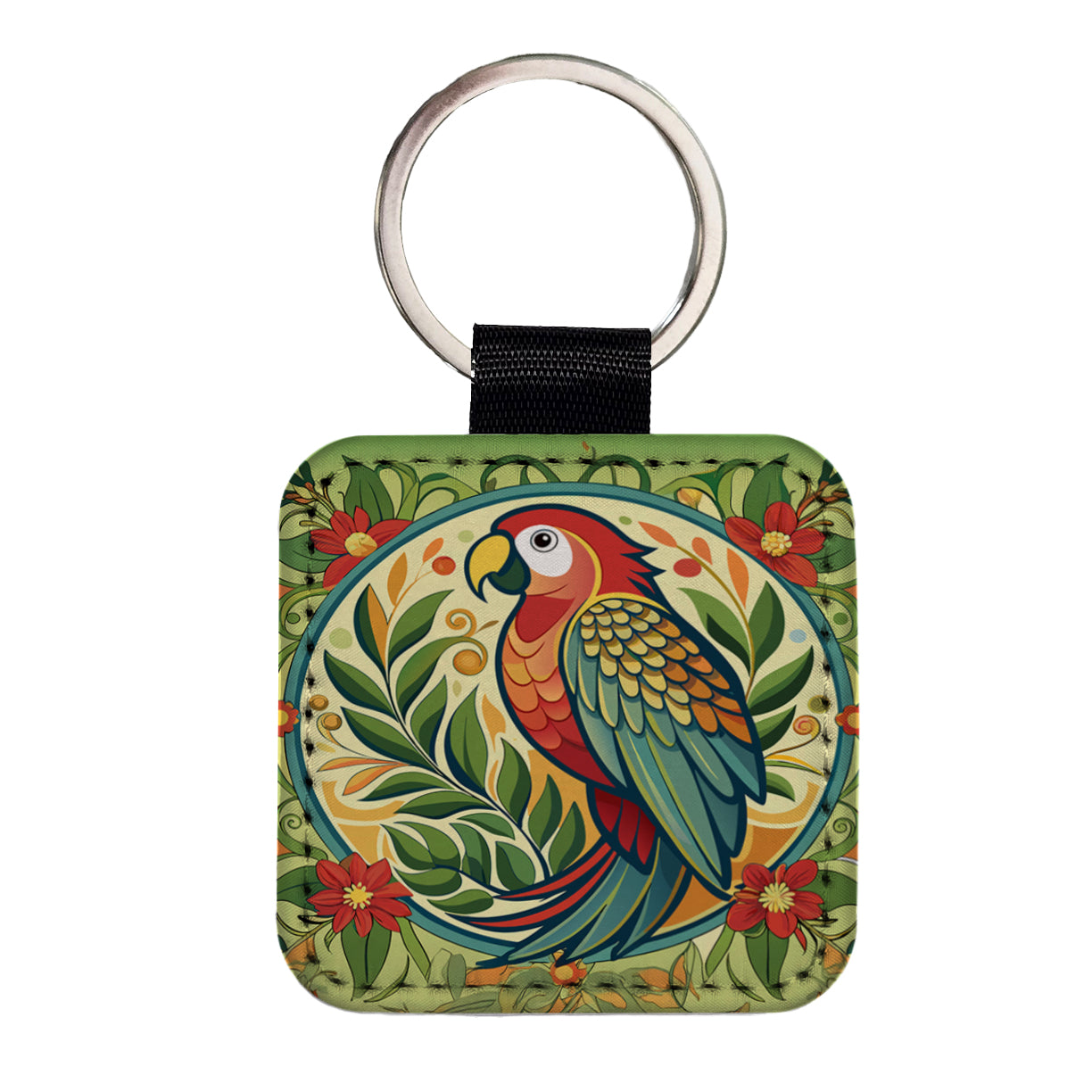Parrot Floral Art Nouveau Flowers Elegant Square Faux Leather Keychain