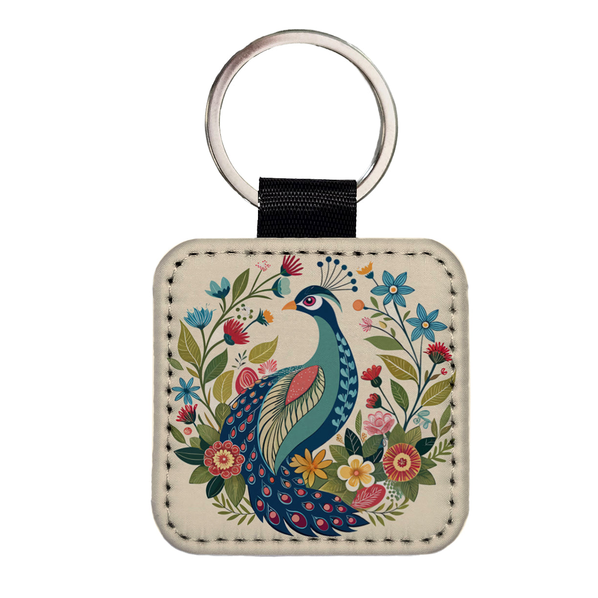 Peacock Floral Flowers Square Faux Leather Keychain