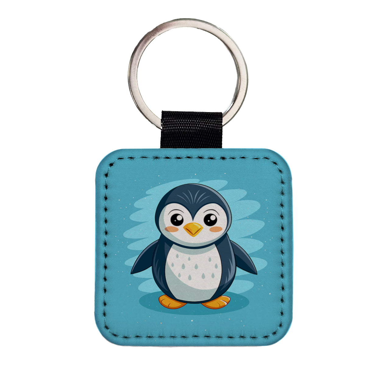 Penguin Cute Square Faux Leather Keychain