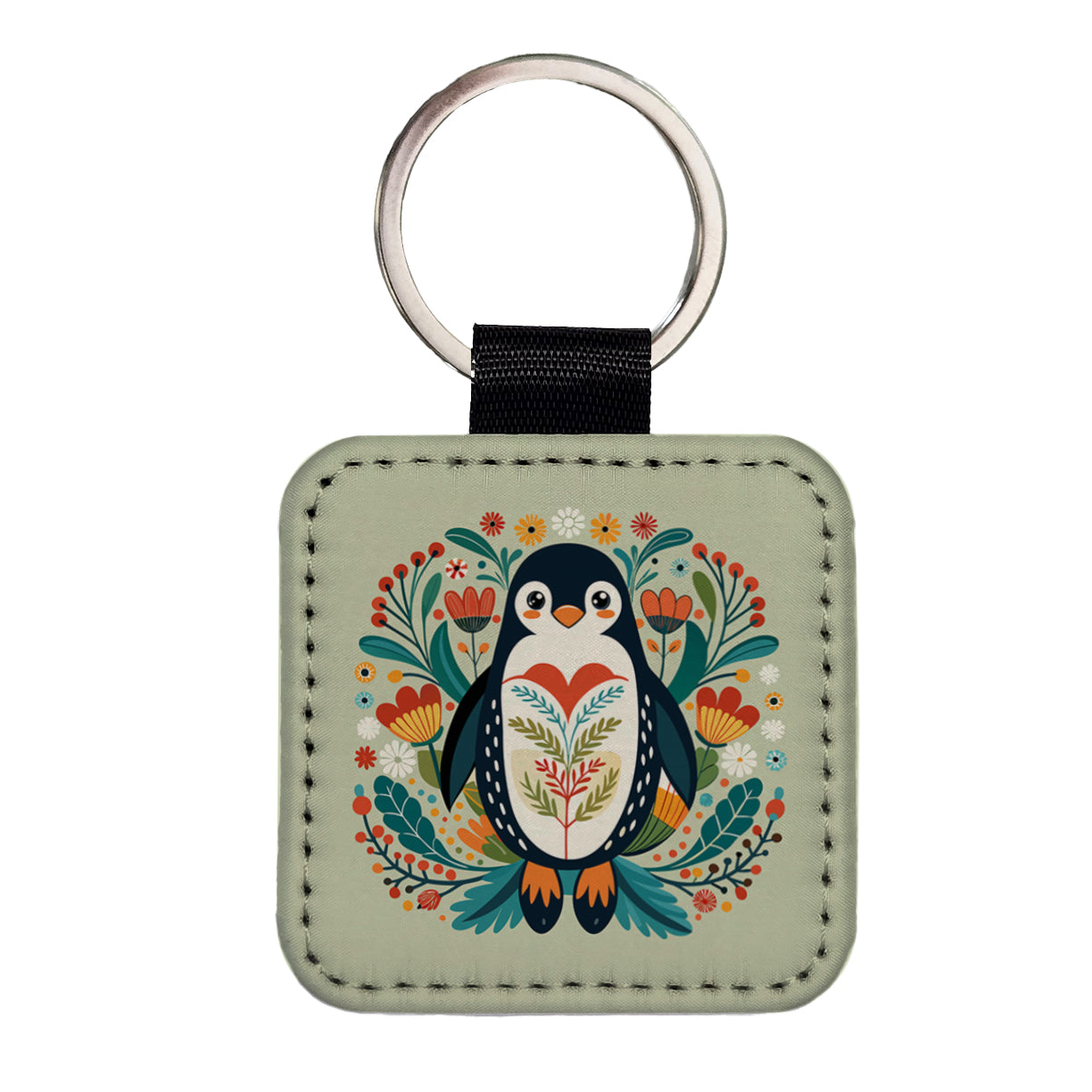 Penguin Floral Flowers Square Faux Leather Keychain