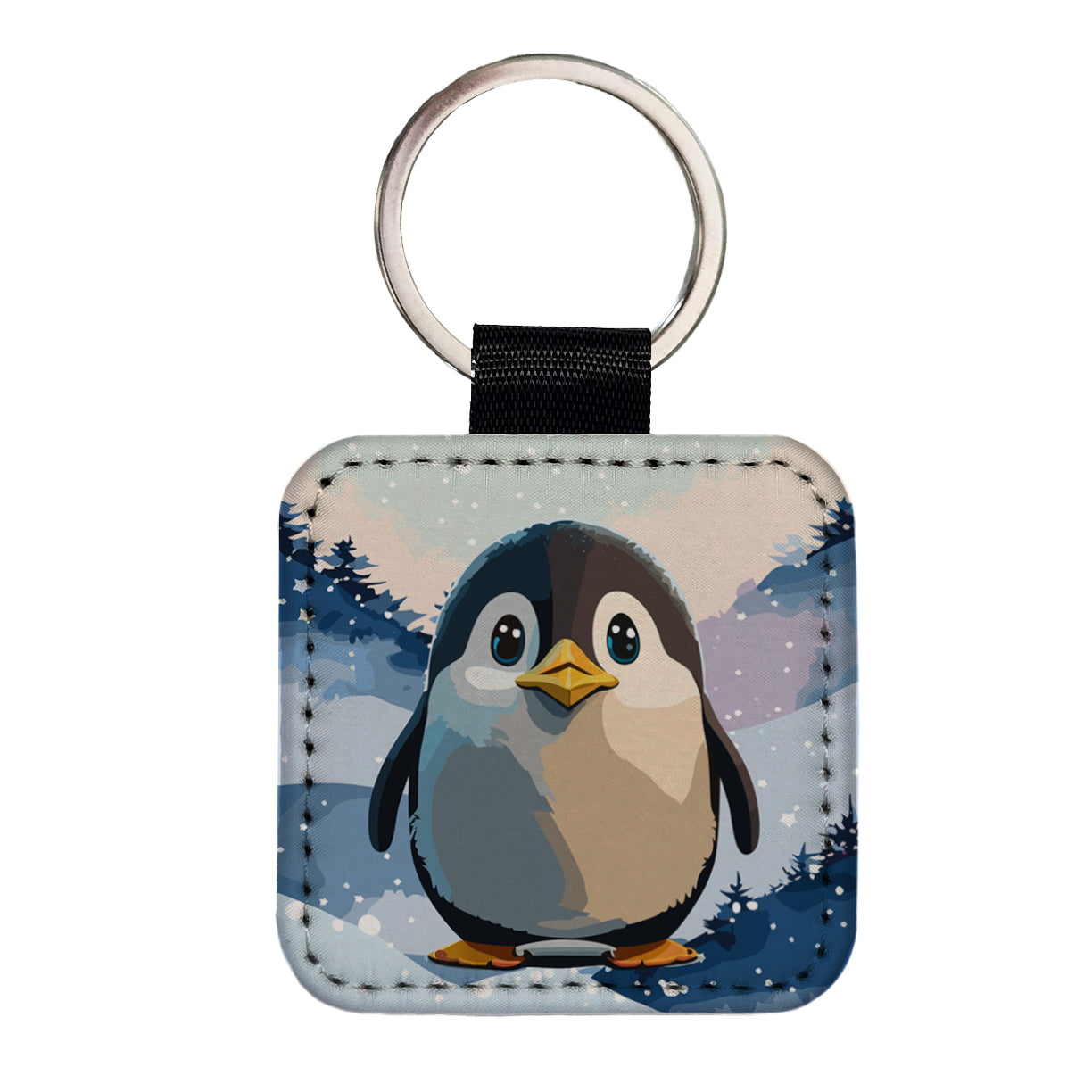 Penguin Staring Square Faux Leather Keychain