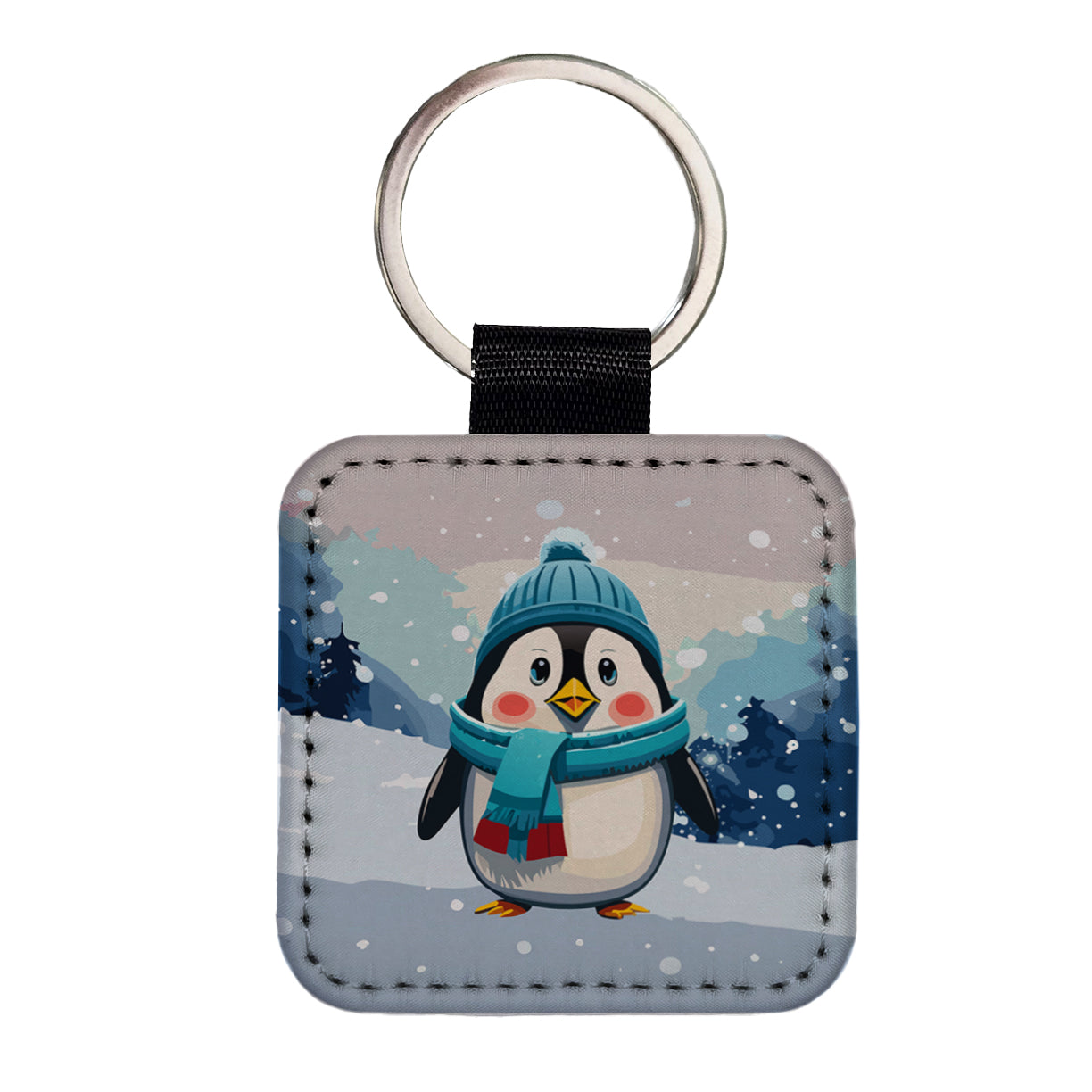 Penguin Winter Wearing Hat Scarf Cute Square Faux Leather Keychain