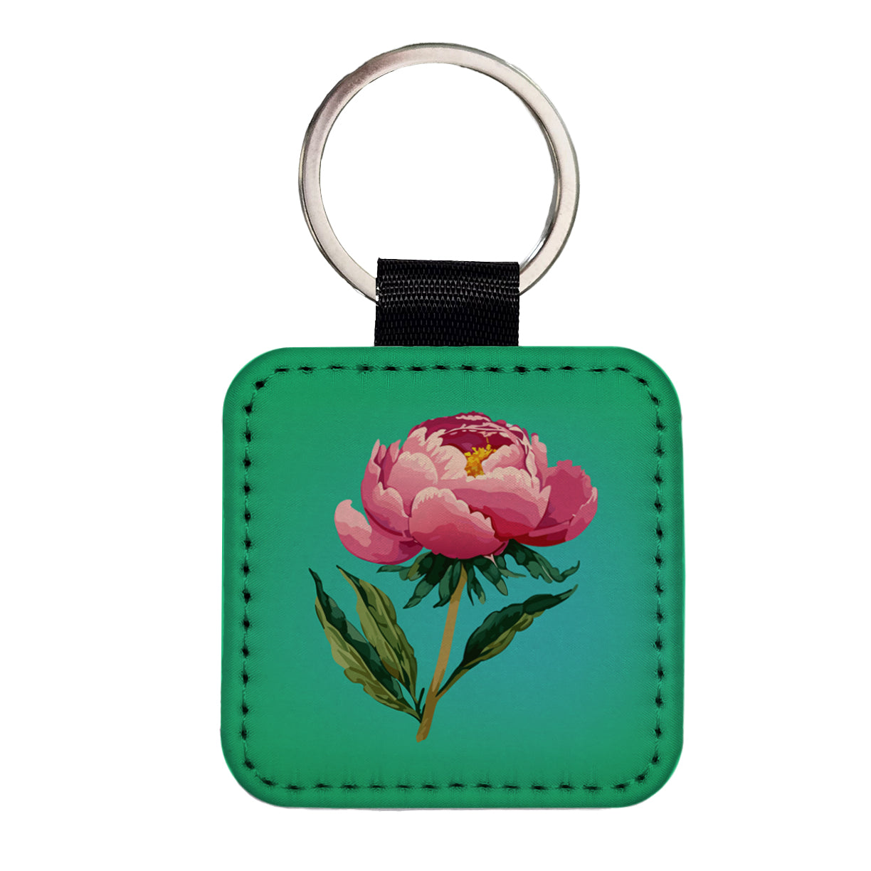 Peony Pink Flower Watercolor Square Faux Leather Keychain
