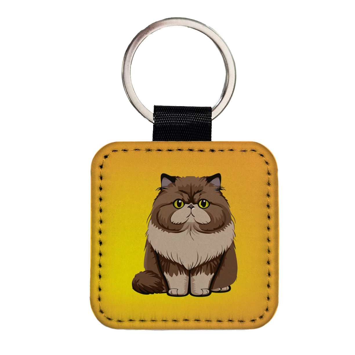 Persian Cat Sitting Square Faux Leather Keychain