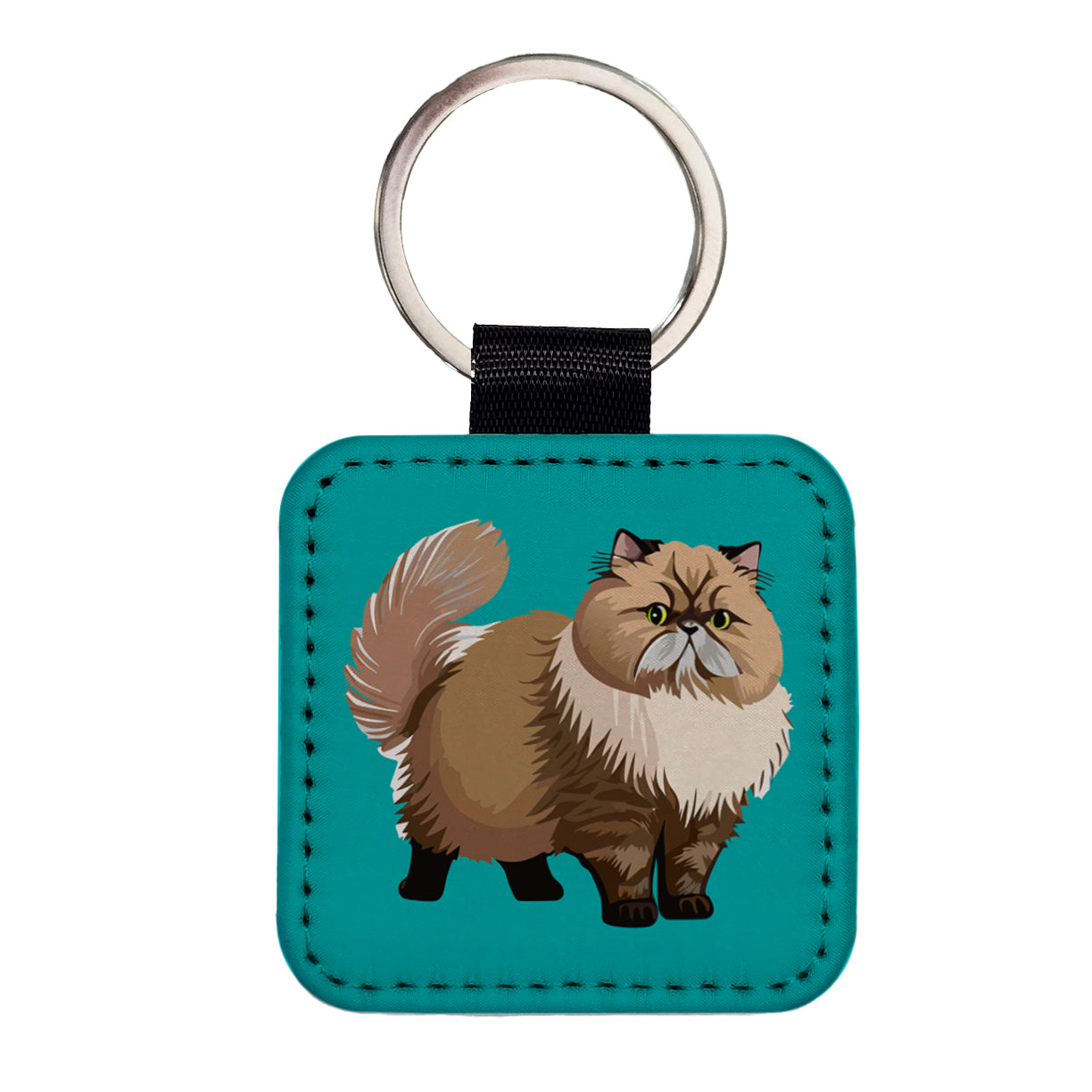 Persian Cat Standing Square Faux Leather Keychain