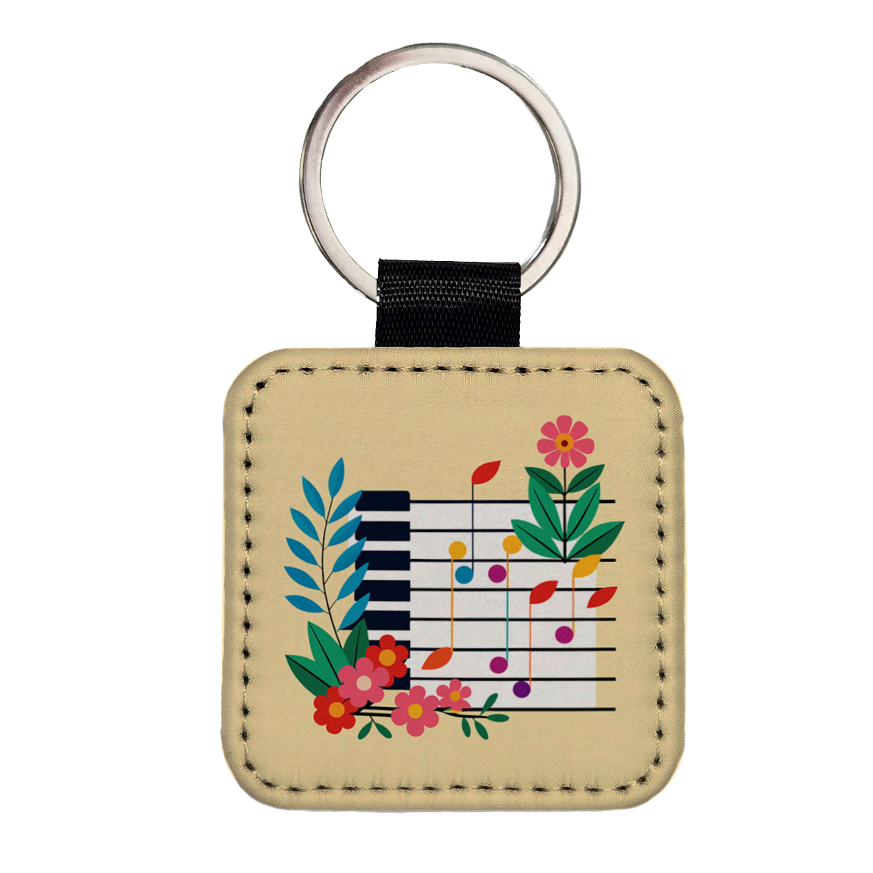 Piano Music Floral Motif Square Faux Leather Keychain