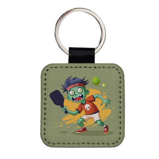 Pickleball Zombie Square Faux Leather Keychain