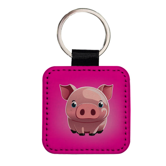 Pig Cute Square Faux Leather Keychain