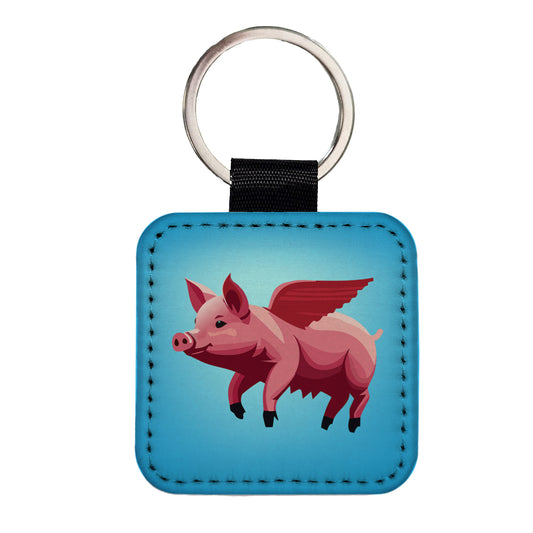 Pig Flying Funny Square Faux Leather Keychain