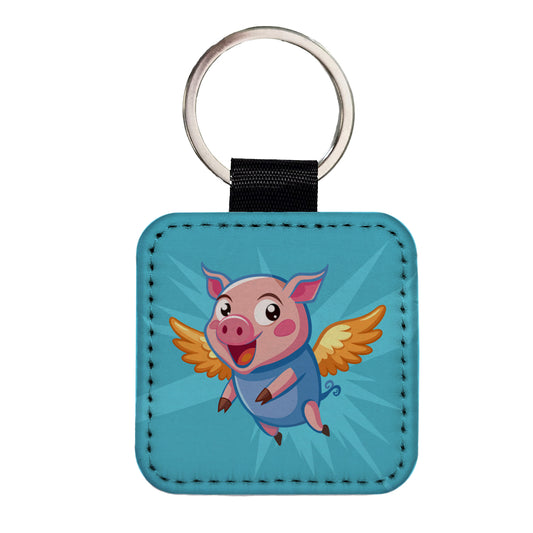 Pig Flying Silly Funny Square Faux Leather Keychain