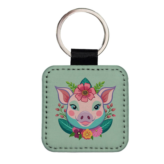 Pig Head Floral Flowers Square Faux Leather Keychain