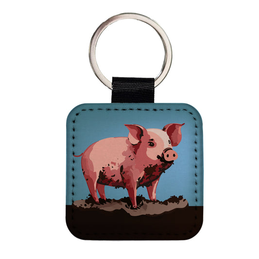 Pig in Mud Square Faux Leather Keychain