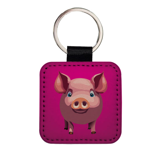 Pig Pink Sweet Square Faux Leather Keychain