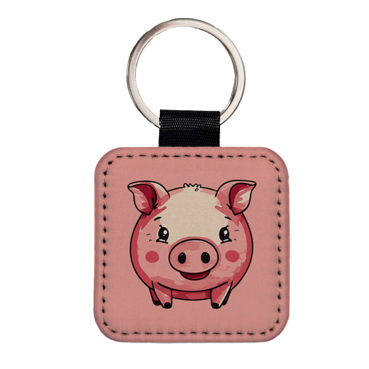 Pig Smiling Standing Square Faux Leather Keychain