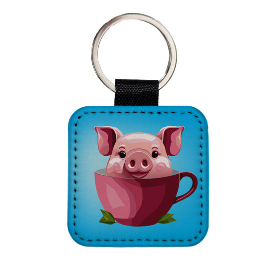 Pig Teacup Square Faux Leather Keychain