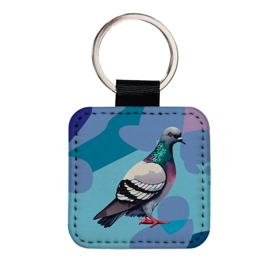 Pigeon Bird Watercolor Square Faux Leather Keychain