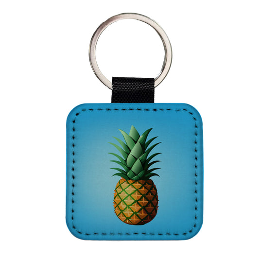 Pineapple Tropical Fruit Square Faux Leather Keychain