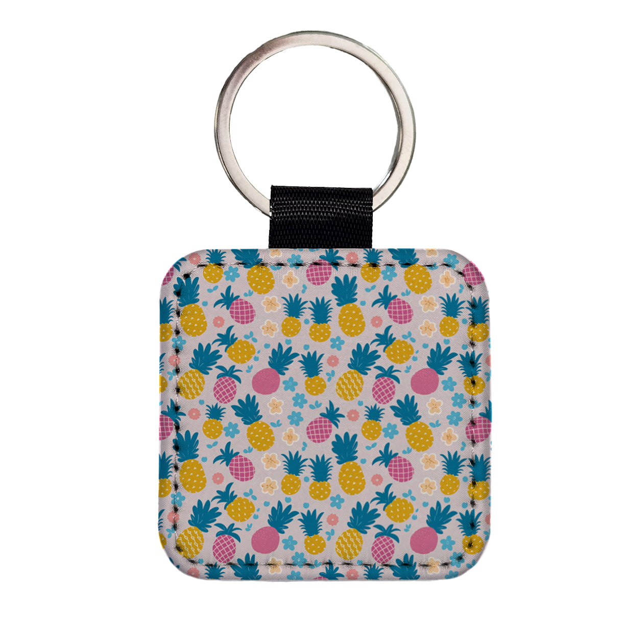Pineapples Tropical Flowers Pattern Square Faux Leather Keychain