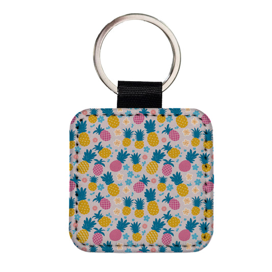 Pineapples Tropical Flowers Pattern Square Faux Leather Keychain
