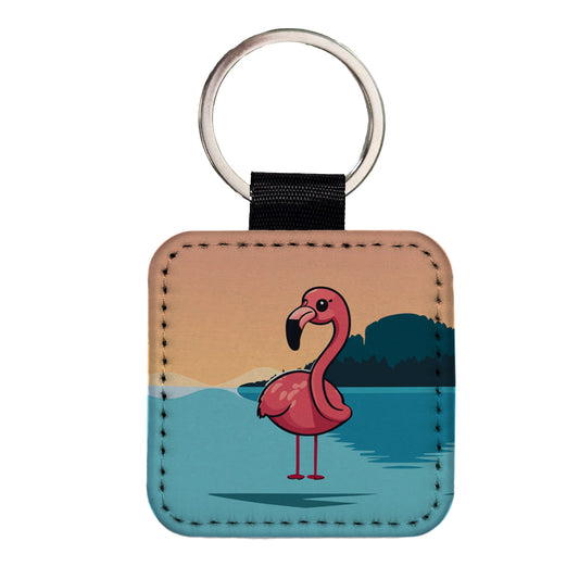 Pink Flamingo Sweet Square Faux Leather Keychain