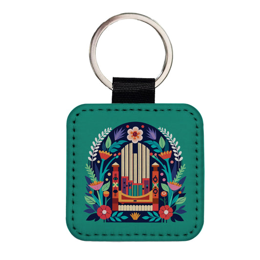 Pipe Organ Music Floral Motif Square Faux Leather Keychain