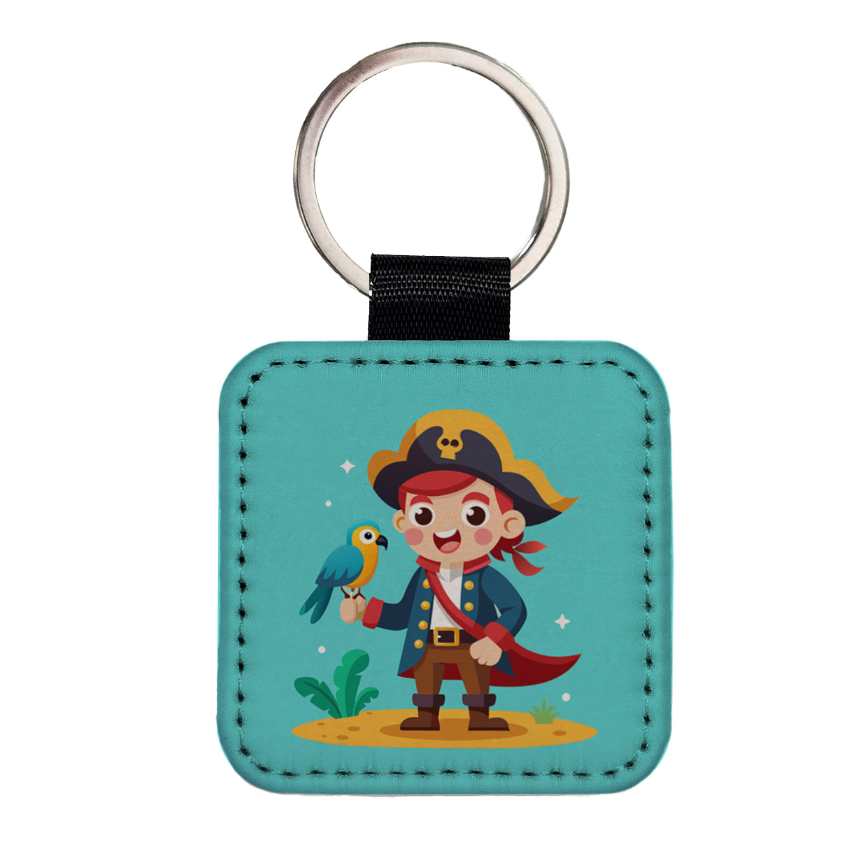 Pirate with Parrot Cute Square Faux Leather Keychain