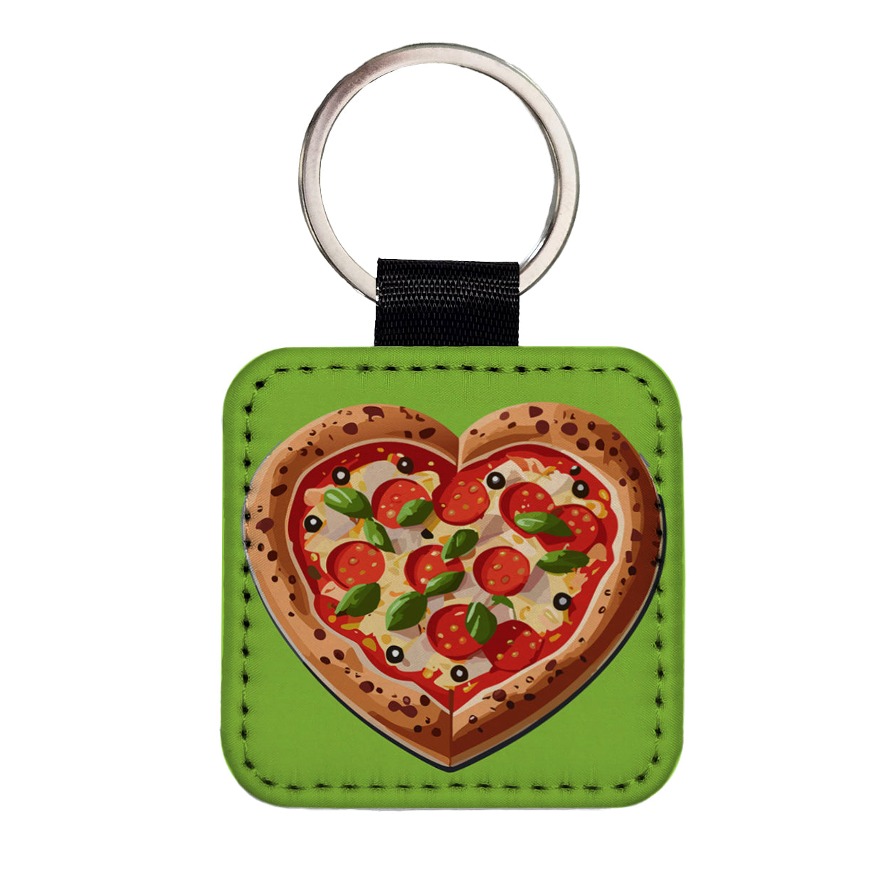 Pizza Heart Love Square Faux Leather Keychain