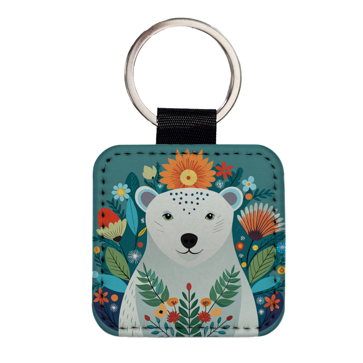 Polar Bear Floral Flowers Square Faux Leather Keychain