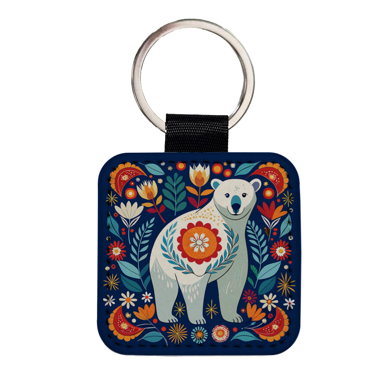 Polar Bear Floral Motif Square Faux Leather Keychain