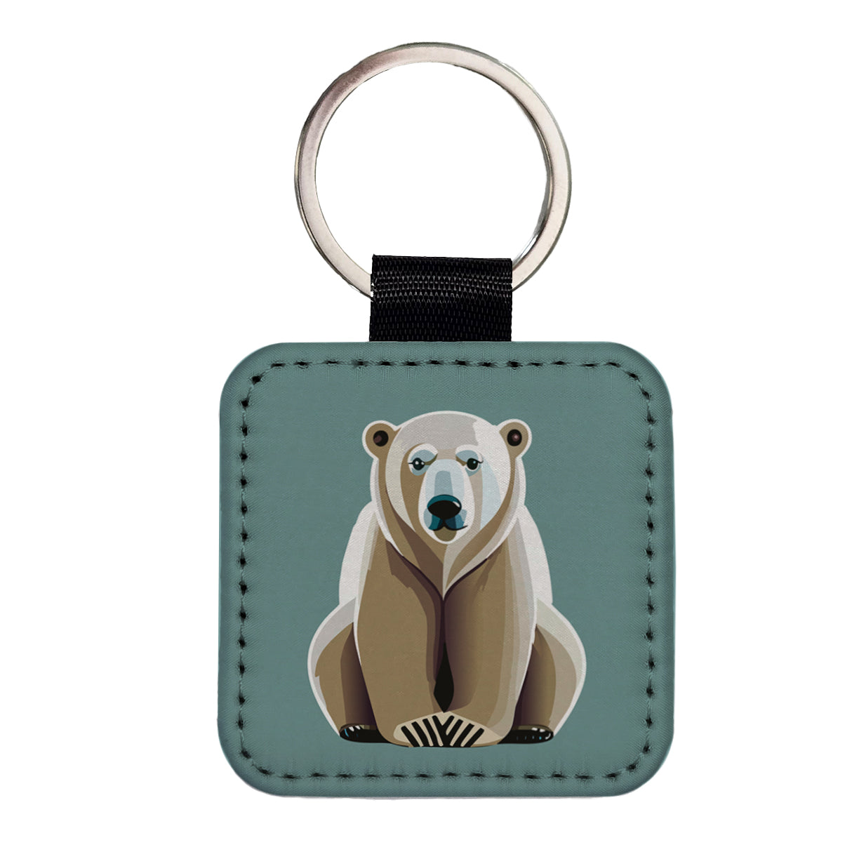 Polar Bear Sitting Square Faux Leather Keychain